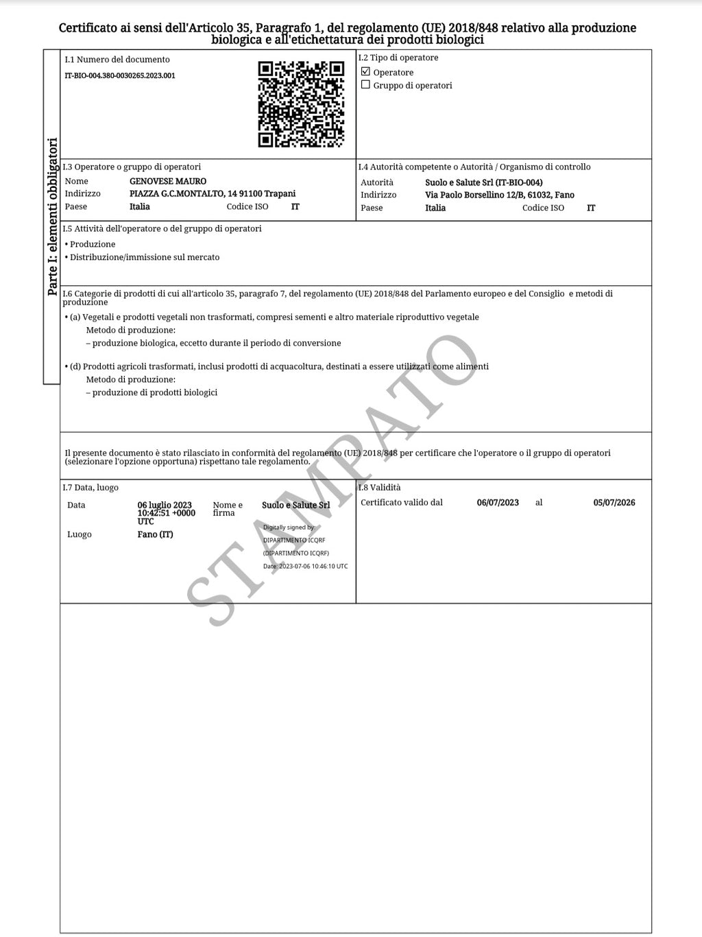 Certificazione di conformità biologica